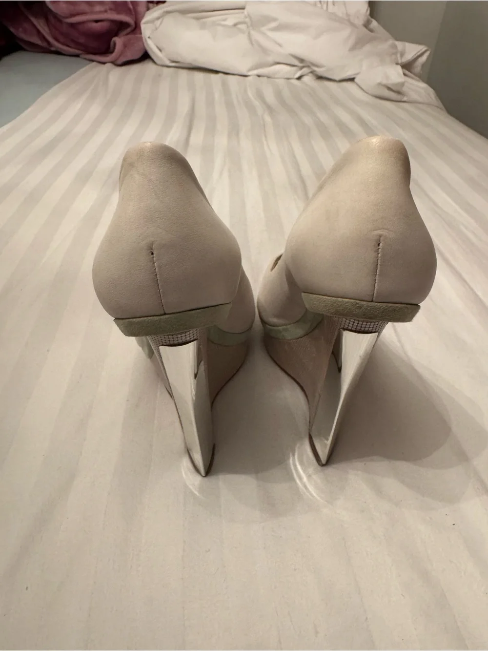 Brian Atwood Ivory Peep-Toe Wedges with Mint Trim